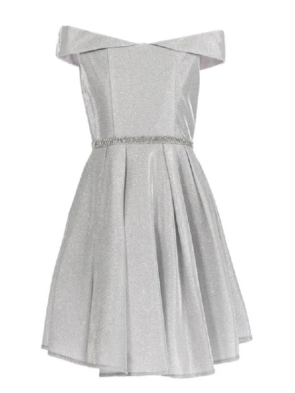 Polished Style Deals Little Girls Silver Glitter Metallic Off Shoulder Junior Bridesmaid Dress 4-6 Luxury Style