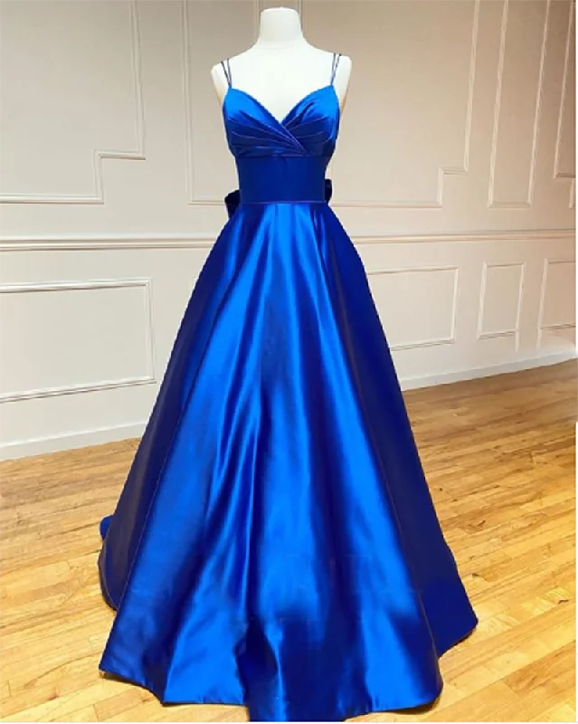 Dive Into Trendy Styles Elegant A Line Satin Royal Blue Prom Dress Long Evening Party Gown with Spaghetti Straps with Bow CB10824 Flash Sale