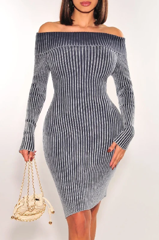 High-End Style Discounts Navy Blue Ribbed Knit Long Sleeves Off Shoulder Sweater Dress Graceful Drape