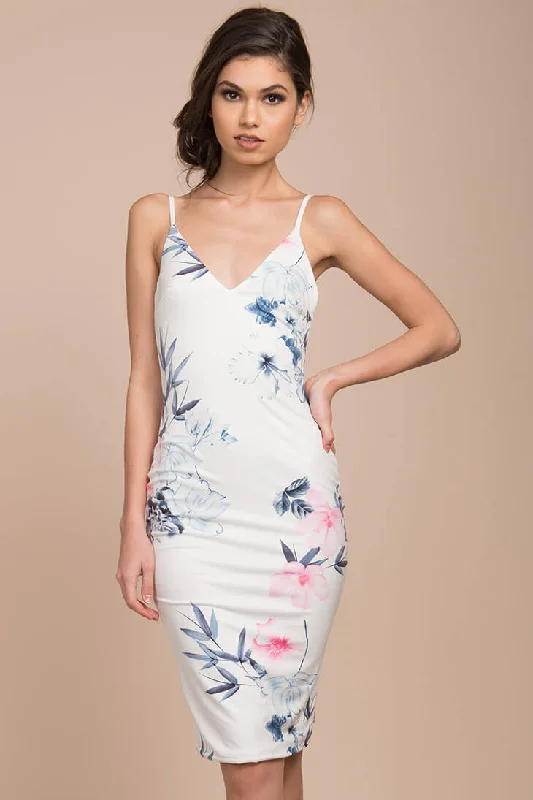 Get The Latest Trends Angeline Floral Print Bodycon Dress White Cottagecore Rustic Charm Style