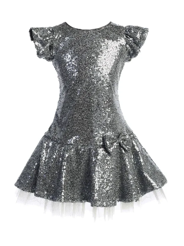 Fashion Frontiers Big Girls Silver Sequin Ruffle Tutu Junior Bridesmaid Dress 8-12 Casual Elegance