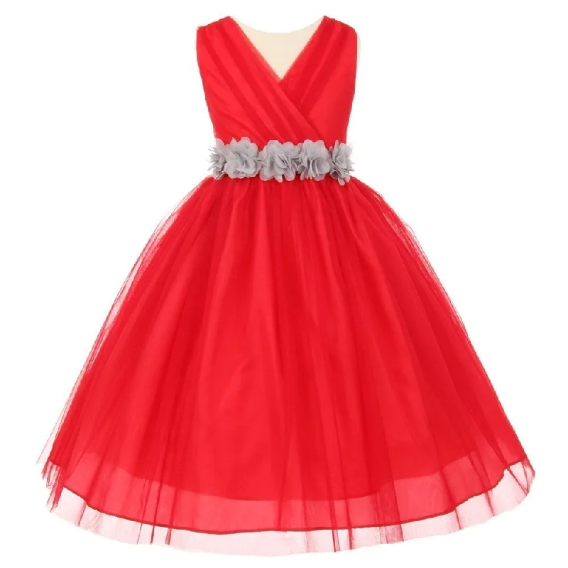 Fall Sale, Prices Drop Big Girls Red Silver Chiffon Flowers Tulle Junior Bridesmaid Dress 8-14 Romantic Flair