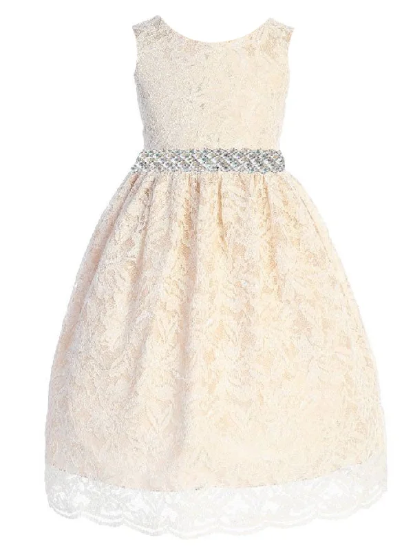 Discount Extravaganza Big Girls Champagne Lace Thick Rhinestone Trim Junior Bridesmaid Dress 8-14 Feminine Grace