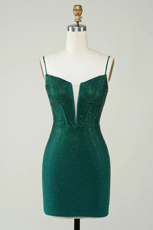 Modern Chic Discounts Dark Green Bodycon Spaghetti Straps Short Homecoming Dress with Beading Artful Design