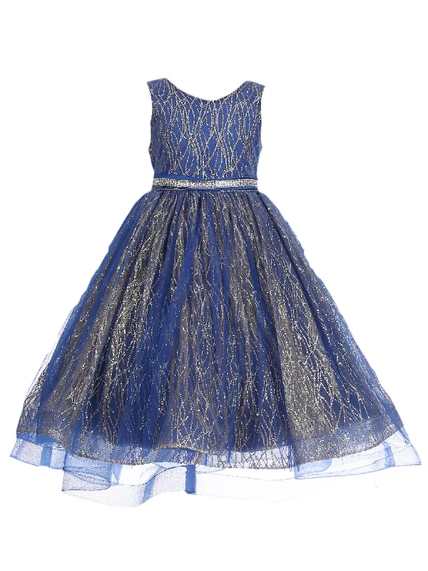 Seasonal Clearance Big Girls Royal Blue Gold Glitter Tulle Sleeveless Junior Bridesmaid Dress 8-14 Luxury Style