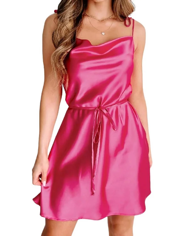 Contemporary Casual Deals Satin Cowl Neck Mini Dress In Hot Pink Limited - Stock