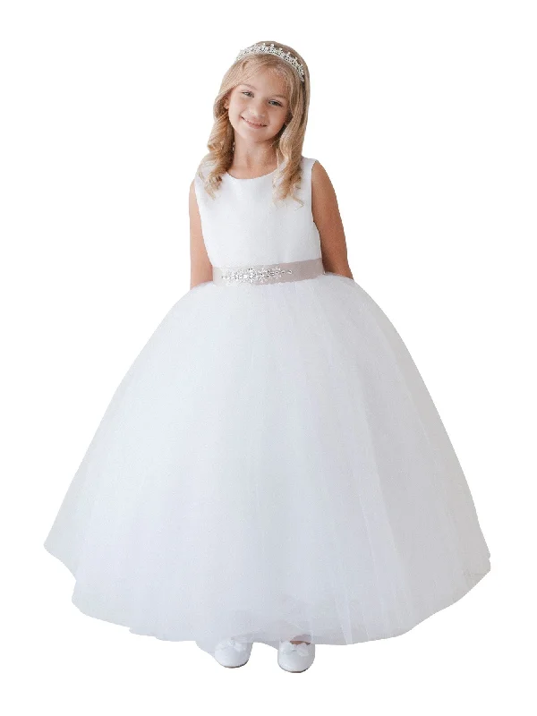 Trendy Styles Big Girls White Satin Tulle Ankle Length Elegant Junior Bridesmaid Dress 8-12 Hollywood Glam Award - Show Style