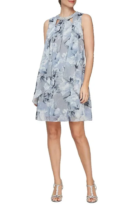 Fast Fashion Favorites Printed Sleeveless Dress With Embellished Cutout Neckline In Silver Classic Timeless Elegant Style