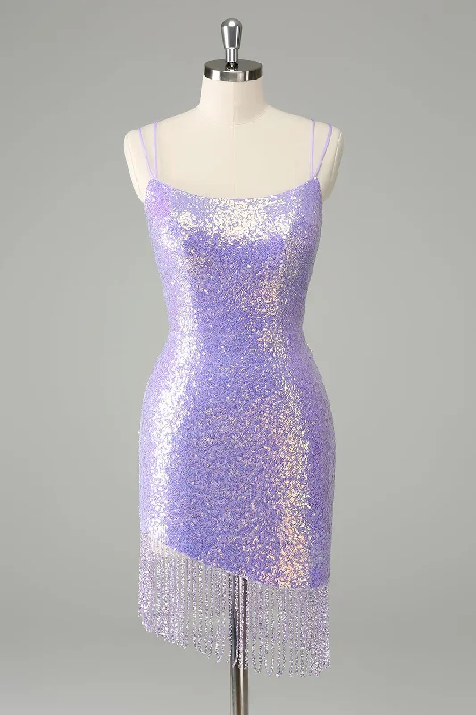 Bold Fashion Sales Gorgeous Bodycon Lilac Corset Sequin Short Homecoming Dress with Tassel Everyday Glamour