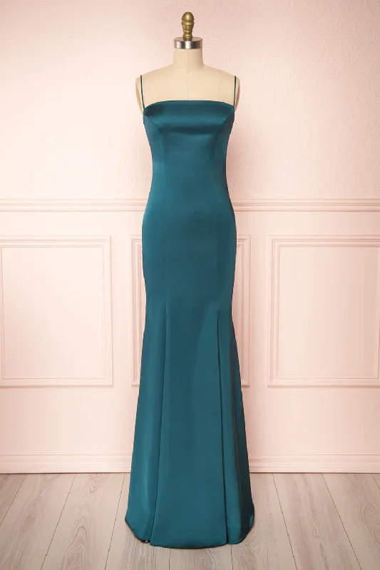 Trendy Threads Naomie Emerald | Silky Mermaid Gown Romantic Detailing