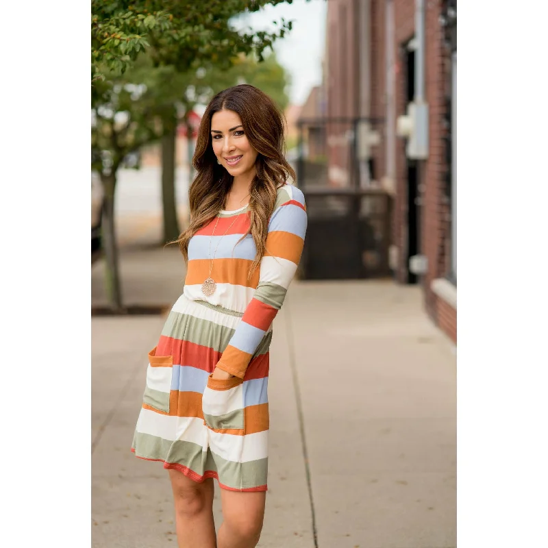 Feminine Luxe Style Sale Striped Pocket Long Sleeve Dress Feminine Elegant