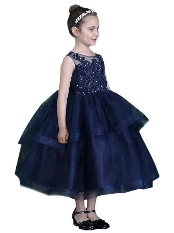 Huge Markdowns Big Girls Navy Illusion Neckline Lace Organza Junior Bridesmaid Dress 8-16 Grab Romantic Date - Night Styles Now