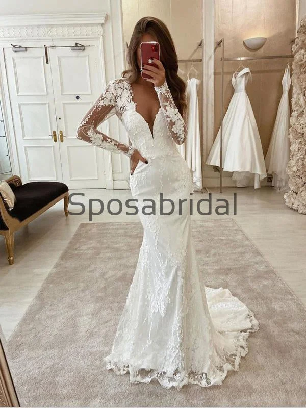 Refined Fashion Sale Charming Mermaid Unique Lace Long Sleeves Modest Wedding Dresses WD0438 Feminine Charm