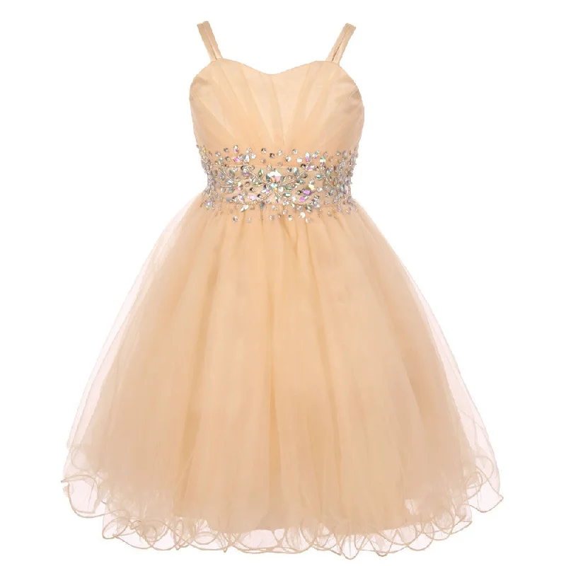 Refined Fashion Sale Big Girls Champagne Stone Encrusted Pleated Tulle Junior Bridesmaid Dress 8-16 Flowing Silhouette