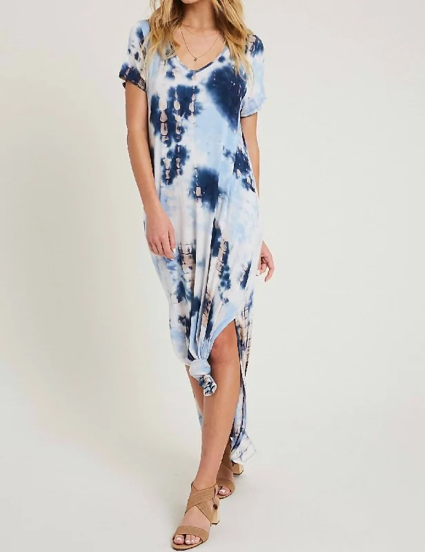 Exclusive Discount Tie Dye V Neck Tee Shirt Dress With Side Slit In Navy Wash Seasonal Trend