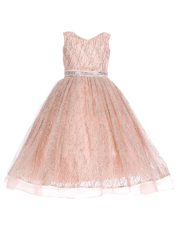 Affordable Luxury Fashion Big Girls Blush Rose Gold Glitter Tulle Sleeveless Junior Bridesmaid Dress 8-14 Elegant Contour