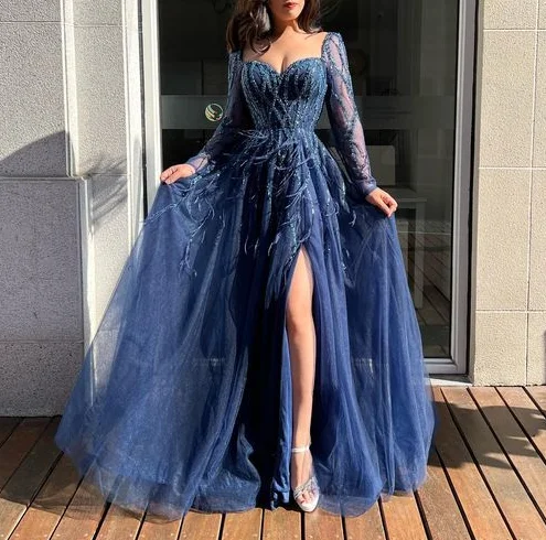 Snag Fabulous Fashion Bargains Blue Long Sleeves Slit Prom Dress Long Party Dress Evening Dress SH903 Vintage Charm