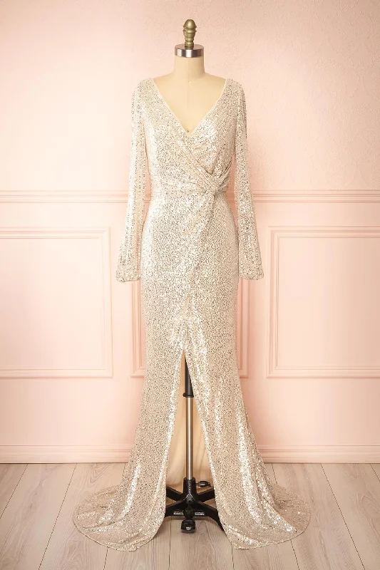 Style Without Limits Roxy Champagne | Sequins Long-Sleeved Maxi Dress Hollywood Glam Award - Show Style