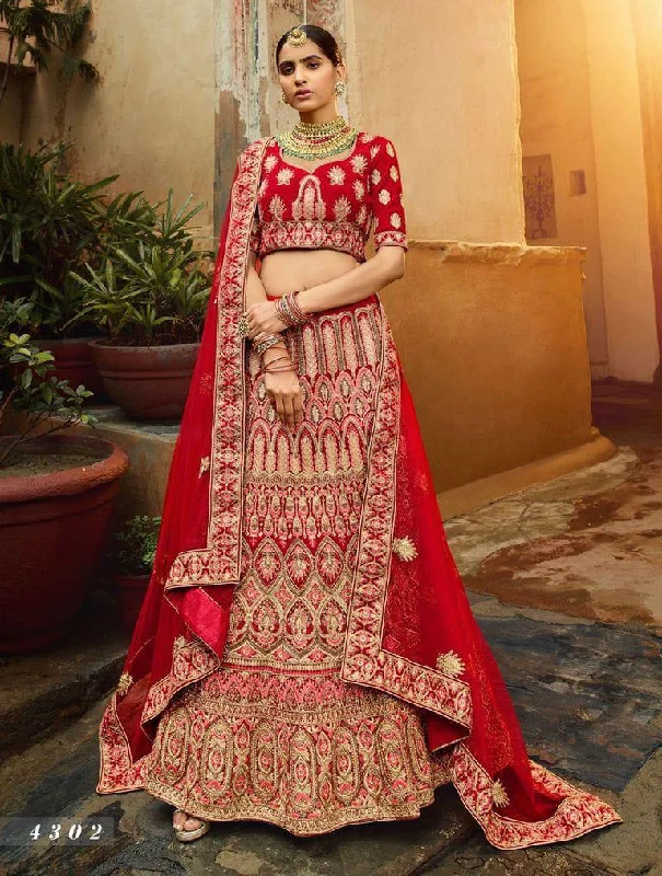 Seasonal Fashion Red Pure Velvet Heavy Embroidered Bridal Lehenga Choli With Dupatta - Rent Bohemian Vibe