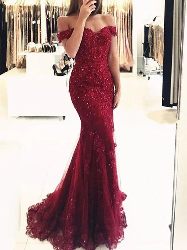 Playful Fashion Offers Burgundy Off Shoulder Lace Prom Dresses, Burgundy Lace Bridesmaid Dresses, Formal Dresses Effortless Comfort