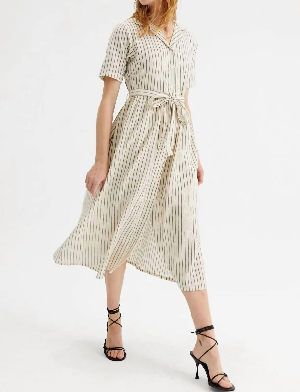 Chic & Cozy Collection Striped Midi Shirt Dress In Cream Exquisite Craftsmanship