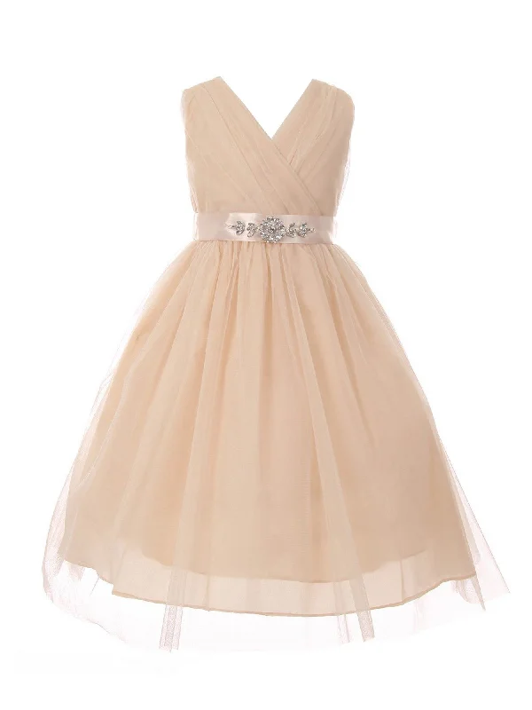 Classy Style Discounts Big Girls Champagne Rhinestone Satin Sash Tulle Junior Bridesmaid Dress 8-14 Feminine Elegant