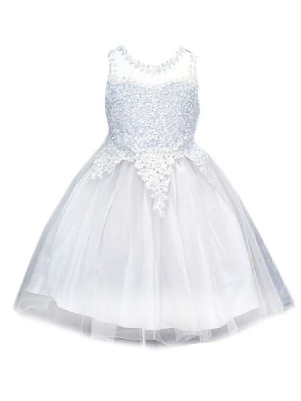 Shop The Hottest Deals Big Girls Silver Embroidered Illusion Neckline Junior Bridesmaid Dress 8-18 Classic Timeless Elegant Style