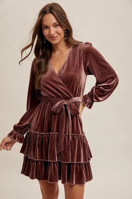 New In This Season IZZY VELVET SURPLICE LONG SLEEVE RUFFLED DRESS Modern Glamour