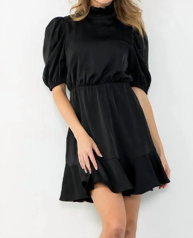 Spring Offer Satin Ruffle Hem Dress In Black Feminine Grace