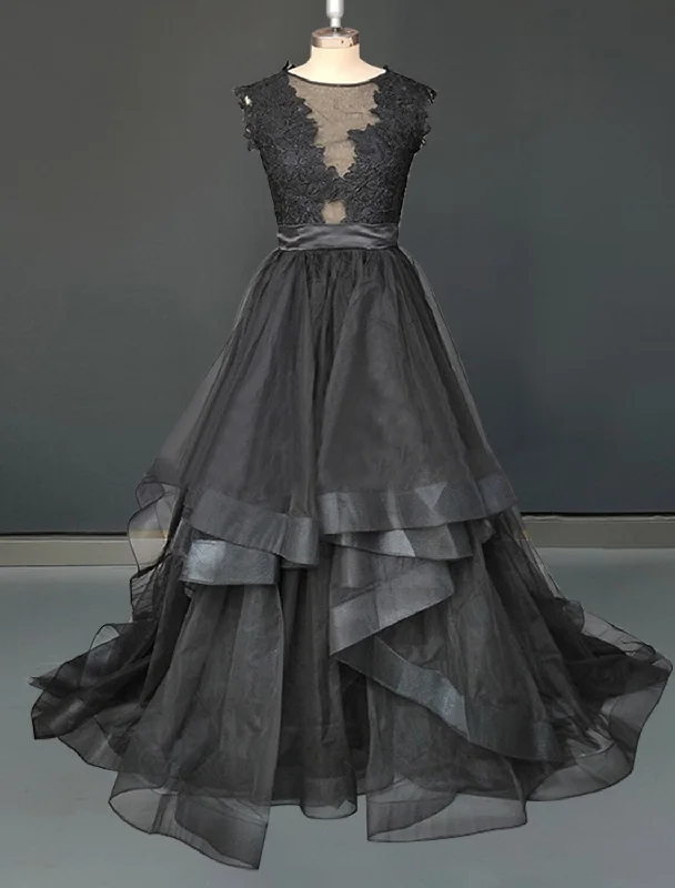 Urban Fashion Black Evening Dresses Formal Fall A-Line Illusion Neck Sleeveless Sweep / Brush Train Tulle Gothic Halloween Engagement Bridal Gowns With Appliques Cascading Ruffles Seasonal Trend