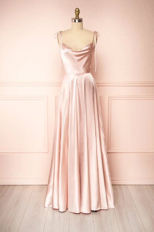 Buy More, Save More Moira Blush | Cowl Neck Satin Maxi Dress w/ High Slit Graceful Cut