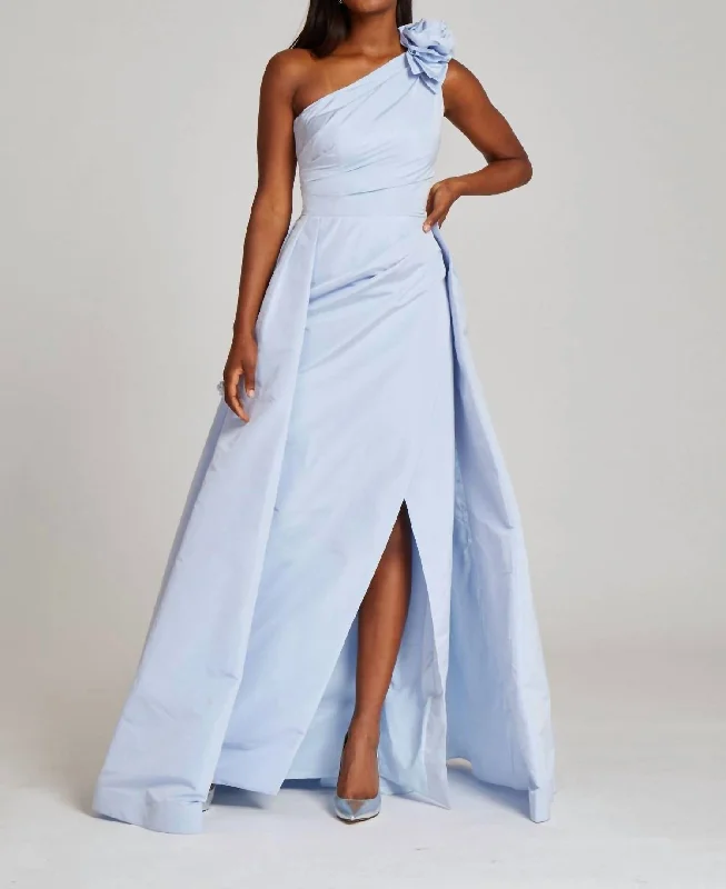 Exclusive Fashion Deals One Shoulder Gown With Overskirt & Rose Detail In Ice Blue Feminine Soft - Hued Look