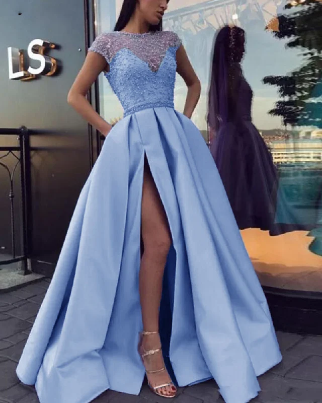 Mega Sale Cap Sleeves Beading A Line Satin Slit Blue Long Prom Evening Dresses PL0901 Luxury Style