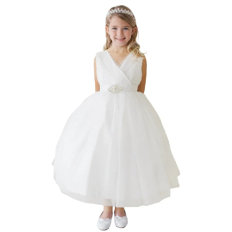 Limited Stock Big Girls Ivory Glitter Tulle Rhinestone Brooch Junior Bridesmaid Dress 8-12 Urban Sophistication