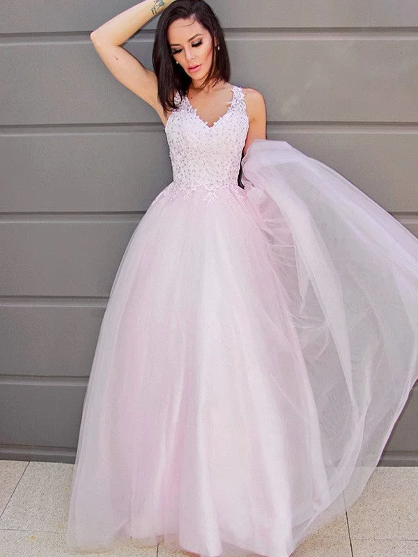 Timeless Elegance Sale A-Line/Princess V-neck Sleeveless Applique Tulle Floor-Length Dresses prom Dresses    cg22808 Elevated Style