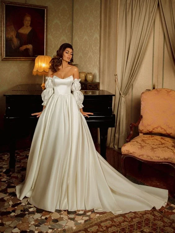 Chic And Trendy Sweetheart Satin Wedding Dresses With Separately Bubble Sleeves, Elegant Long Wedding Dresses, Popular 2021 Wedding Dresses Modern Glamour