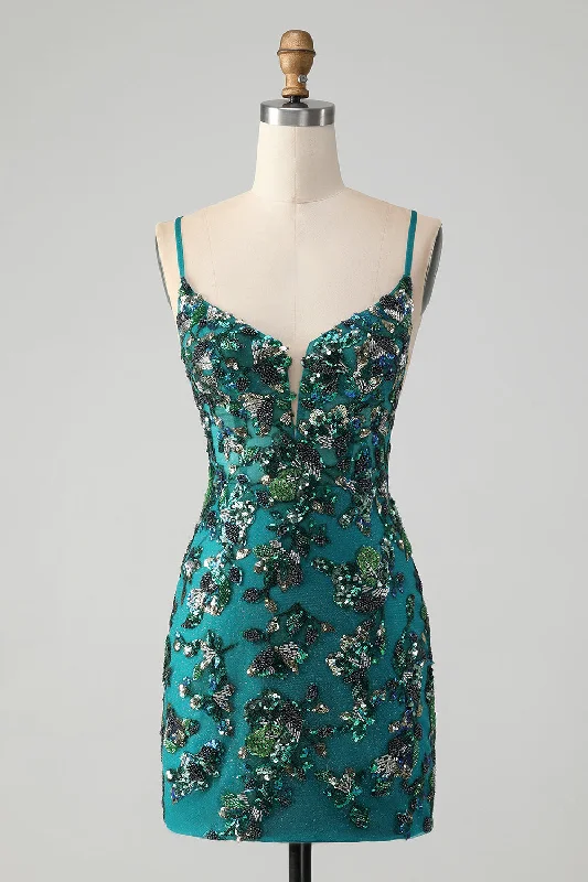 Street Chic Discounts Sparkly Dark Green Bodycon Spaghetti Straps Short Homecoming Dress with Beading Alluring Design