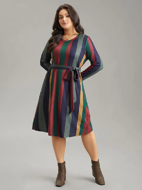 Fashion Sale Colored Striped Pocket Belted Long Sleeve Dress Feminine Charm