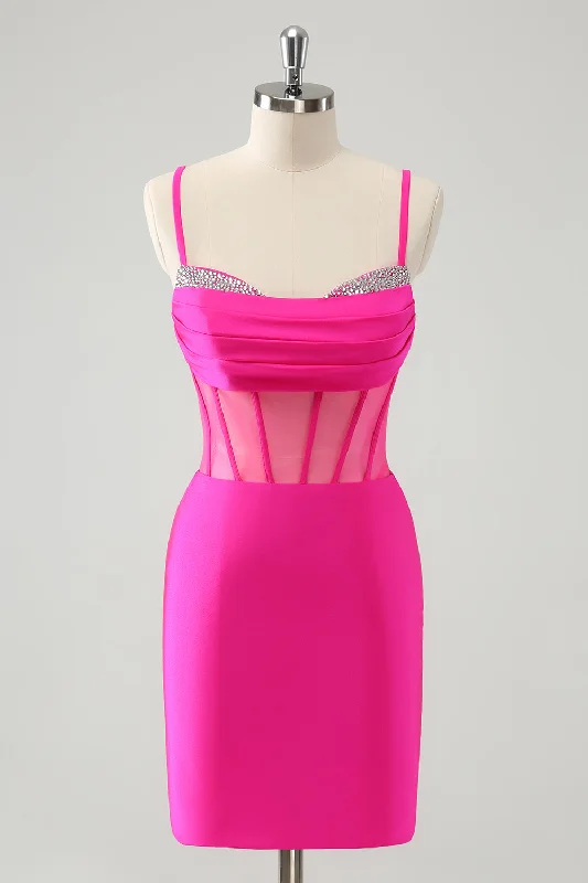 Classy Style Discounts Chic Fuchsia Bodycon Pleated Corset Short Homecoming Dress with Beading Bold Patterns