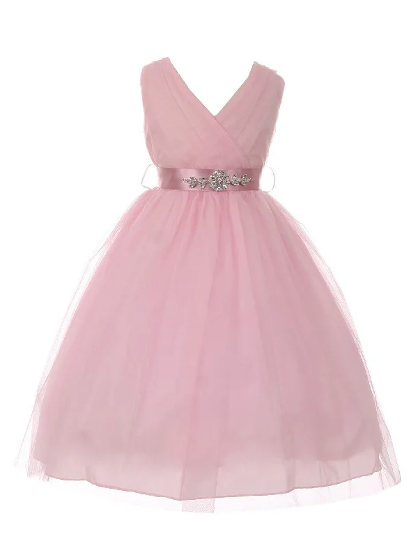 Limited Stock, Big Discounts Big Girls Pink Rose Rhinestone Satin Sash Tulle Junior Bridesmaid Dress 8-14 Minimalist Elegant