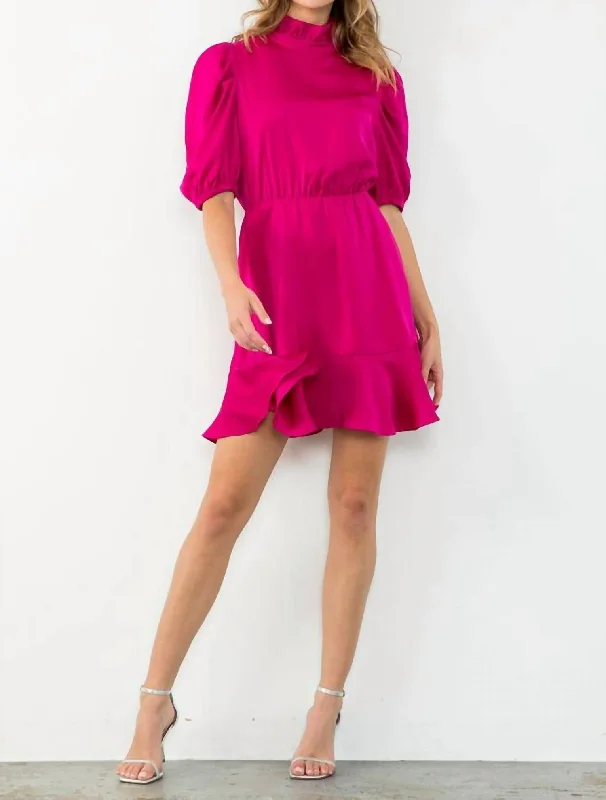 Don't Miss Out Satin Ruffle Hem Dress In Magenta Effortless Comfort