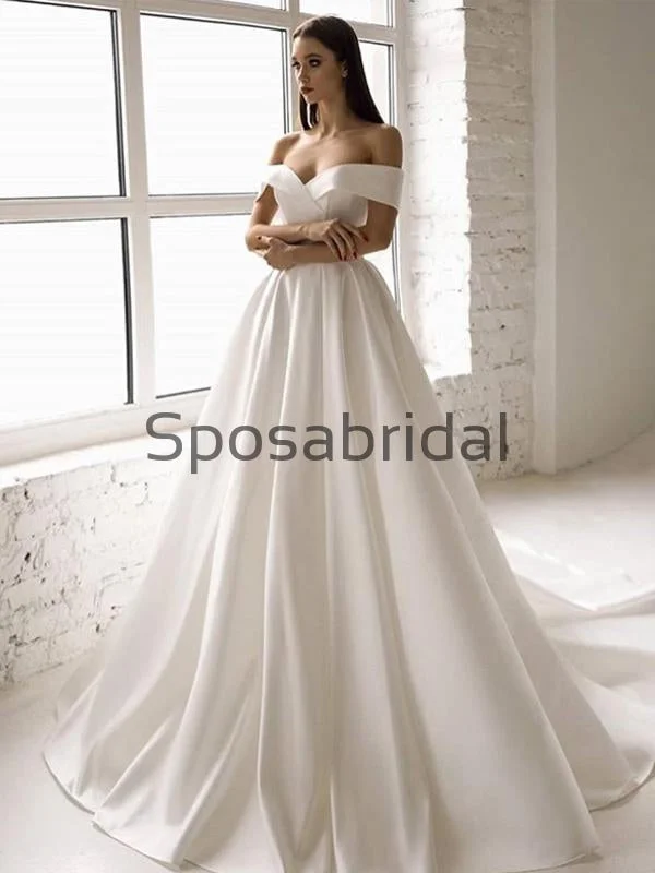 Gift Ideas A-line Off the Shoulder Satin Vintage Simple Wedding Dresses WD0407 Feminine Allure