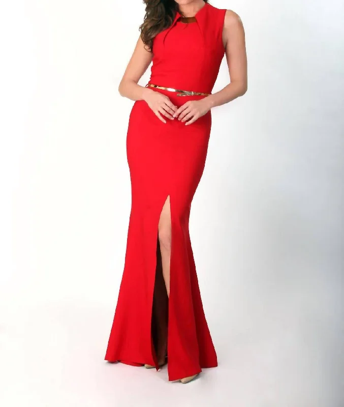 Relaxed Style Cutout Neckline Front-Slit Gown Dress in Red Casual Elegance