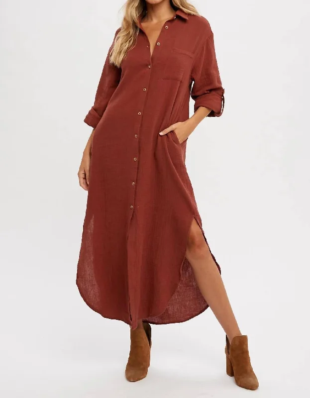 Big Savings Maxi Gauze Shirt Dress In Brick Ethnic Cultural Event Wear