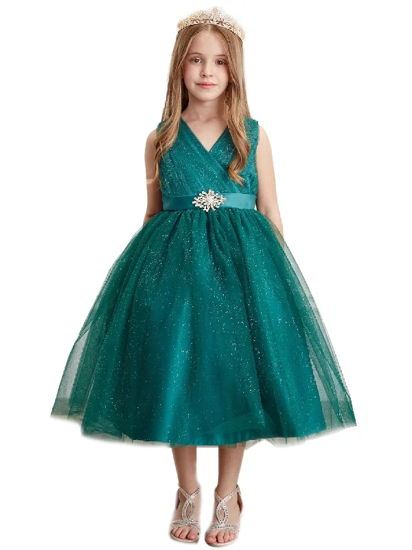 Vintage-Modern Style Offers Big Girls Emerald Green Satin Sash Pleated Tulle Junior Bridesmaid Dress 8-16 Elegant Ensemble