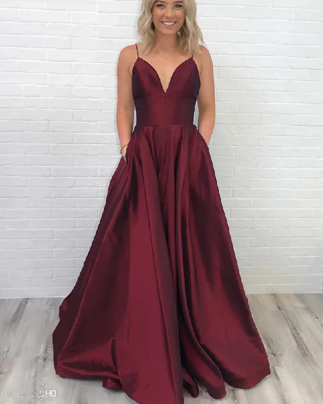 Catch Every Fashion Trend Burgundy Pocketed Basic Simple Prom Dresses Satin A Line Party Graduation Senior Gown with Straps PL10430 Boho Chic