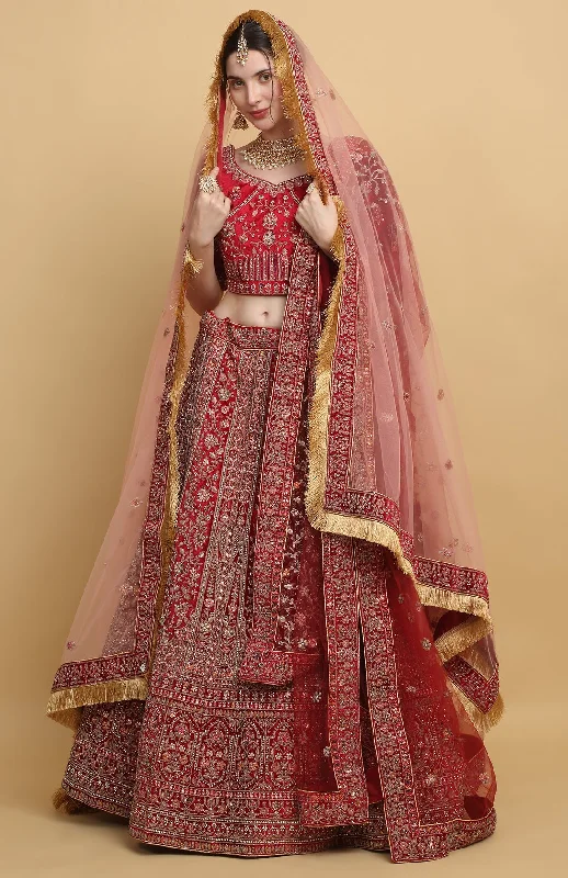 Seasonal Trends Red Lehenga And Blouse Cotton Velvet  Bridal Set - Rent Refined Look