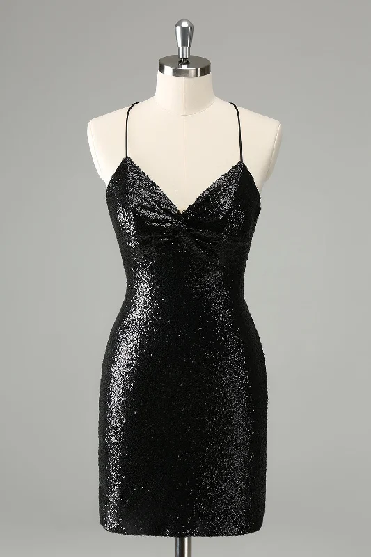 Premium Style Offers Black Bodycon Spaghetti Straps Sequins Short Homecoming Dress with Lace-up Back Feminine Elegance