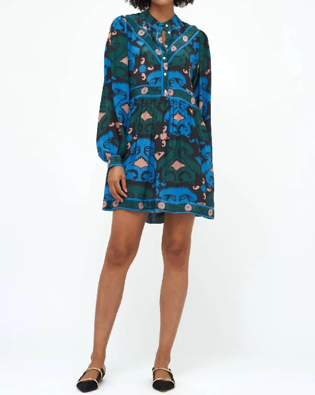 Huge Price Cut Mini Shirt Dress In Uzbek Blue Flowy Fabric