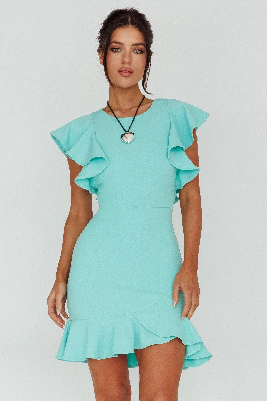 Final Sale Cupid's Bow Ruffle Shoulder Bodycon Dress Teal Seasonal Trend